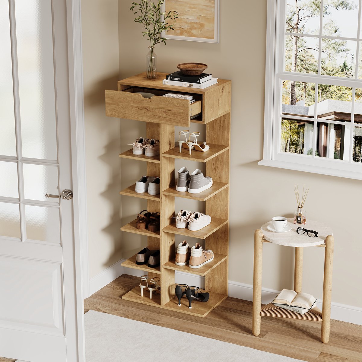 MIVRAY Schoenenkast – Open Multifunctioneel Staand Rek 55 x 33 x 133 cm – Spaanplaat – Natuurkleur – Met Lade En 10 Vakken