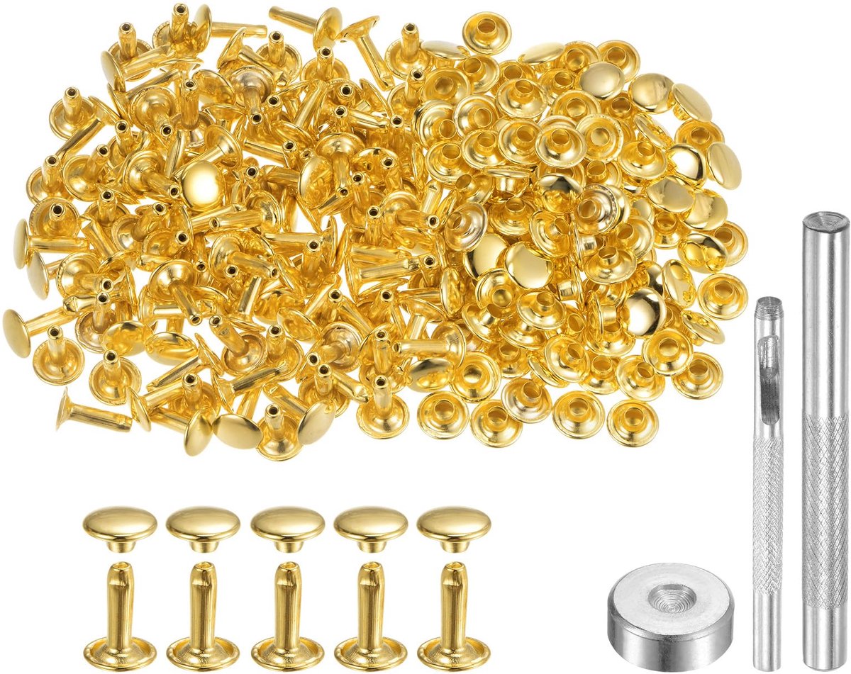 Set van 100 metalen leren nieten 12 x 9 mm met gereedschap voor DIY-projecten (goud)