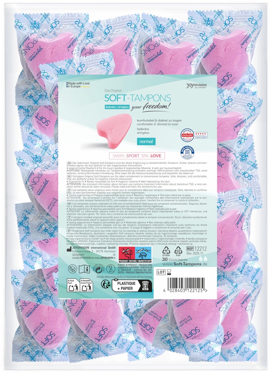 JOYDIVISION Soft Tampons NORMAL 30 stuks – Ergonomische tampons zonder koord voor sport, dagelijks gebruik en intimiteit – Huidvriendelijk materiaal, universele pasvorm voor discreet gebruik