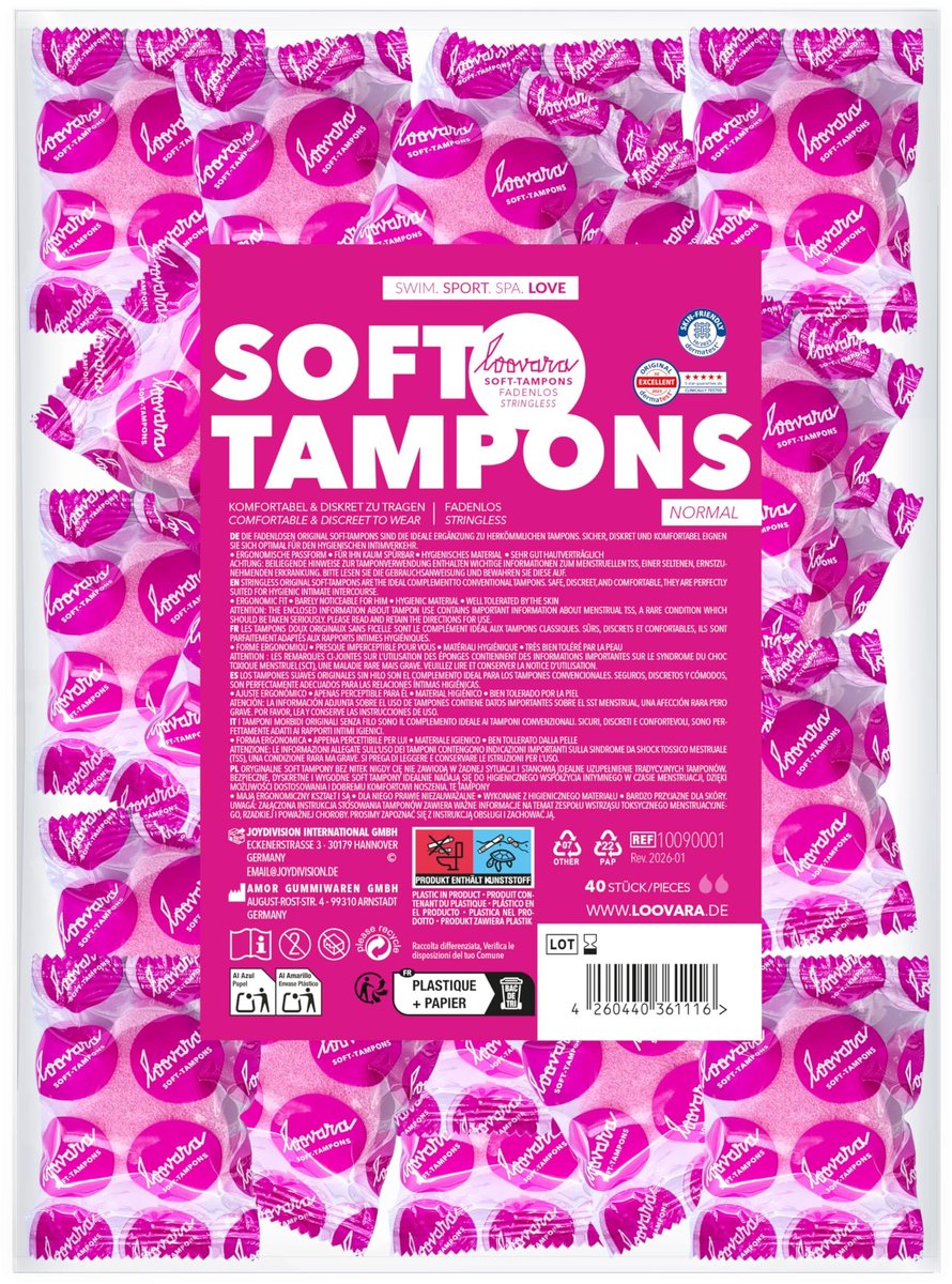 LOOVARA Soft Tampons NORMAL – 40 stuks – Zachte en flexibele tampons zonder koord – Voor dagelijks gebruik, sport, sauna, reizen & intimiteit – Zacht materiaal voor optimaal comfort