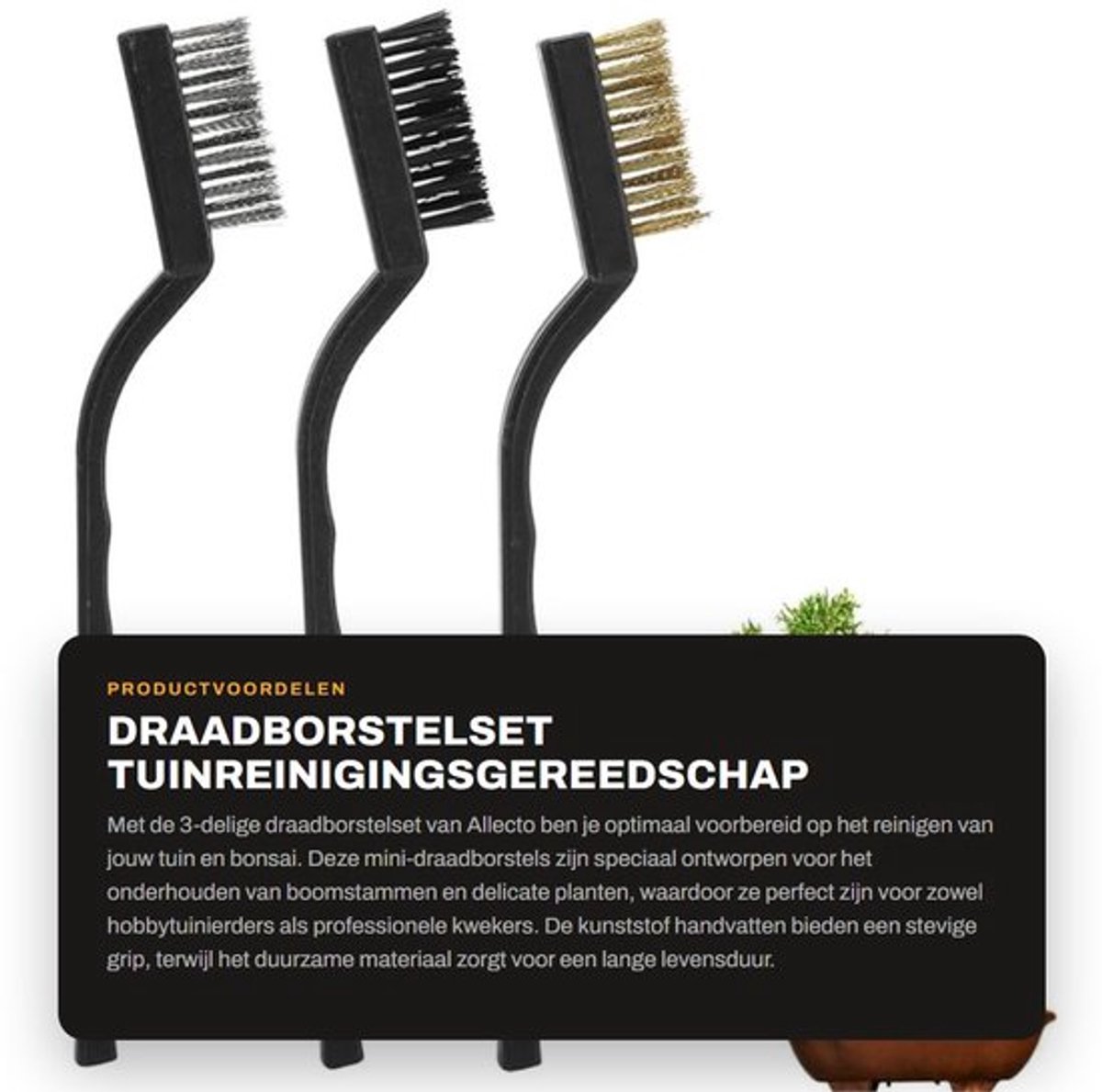 Draadborstelset 3-delig - Mini Draadborstel - Kunststof Handvat - Tuinreinigingsgereedschap - Huishoudelijk Gereedschap - Stijlvol Ontwerp - Tuinborstel