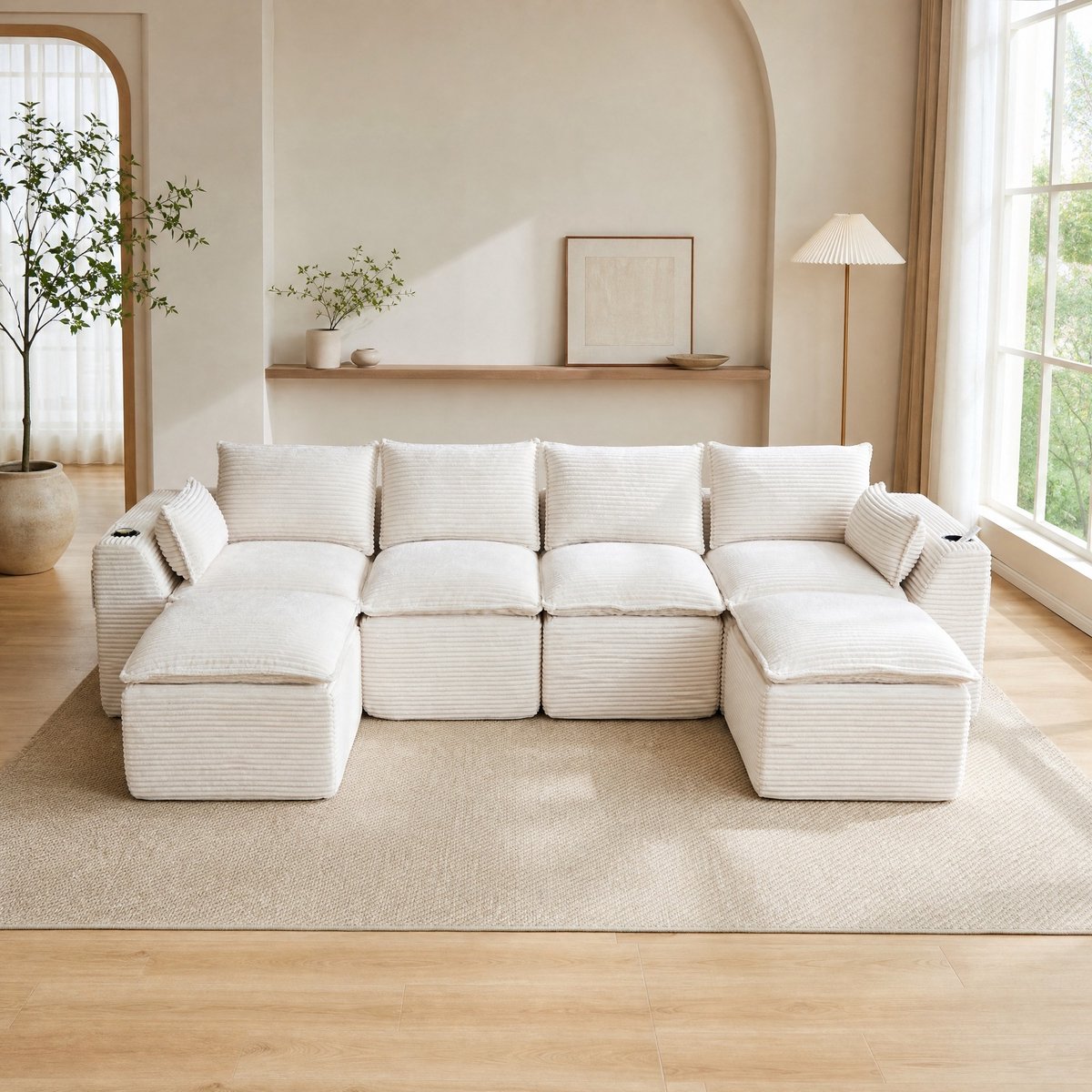 Wishdor Modulaire bank 4-zits - Met 2 voetenbankjes - Kussens, bekerhouder en zijvakken - Corduroy - Beige - 322 x 161 x 75 cm
