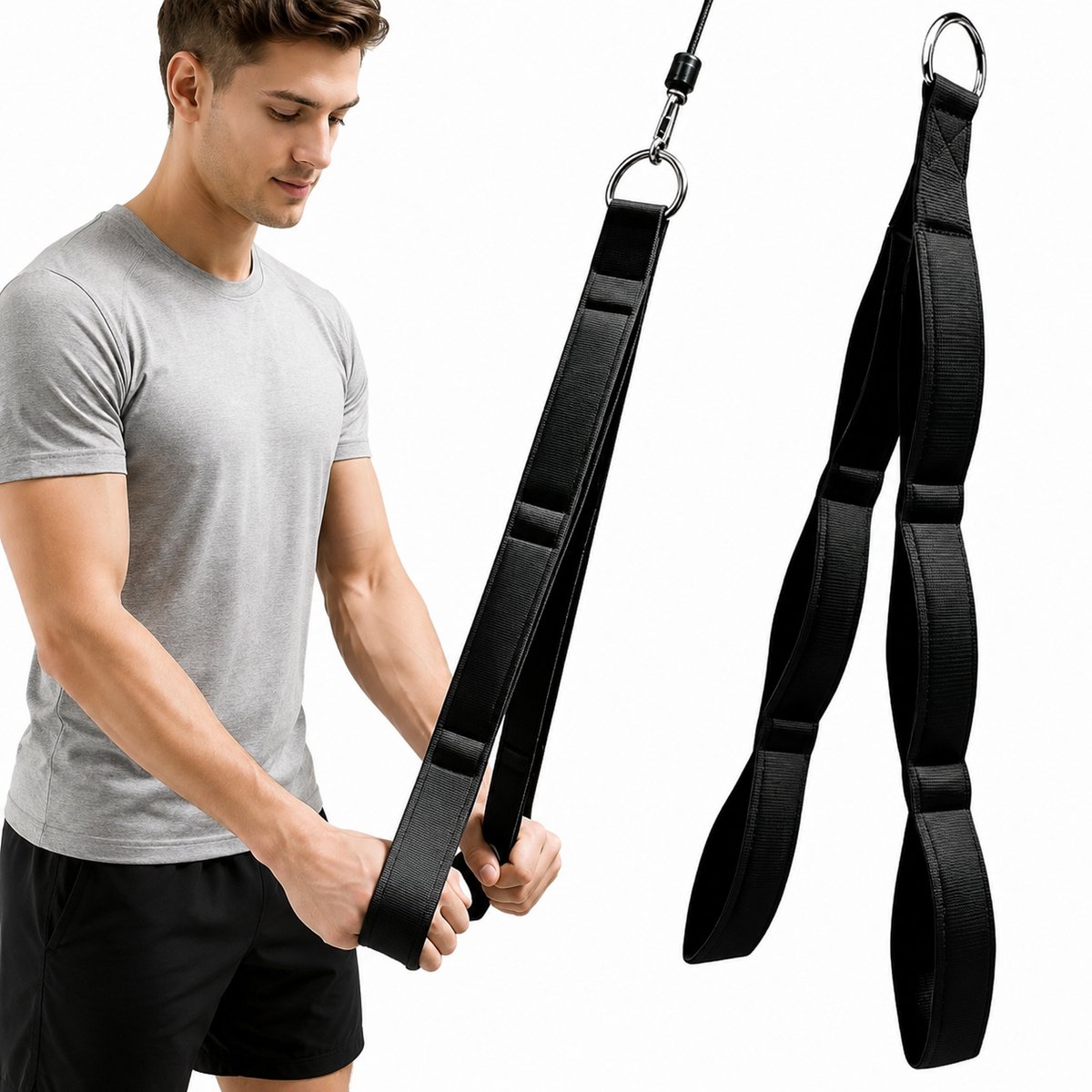FSW-Products Fitness Handgrepen – Kabelmachine Handvatten met D-Ring – Verstelbare Trainingsgrepen – Voor Krachttraining & Fitness – Zwart