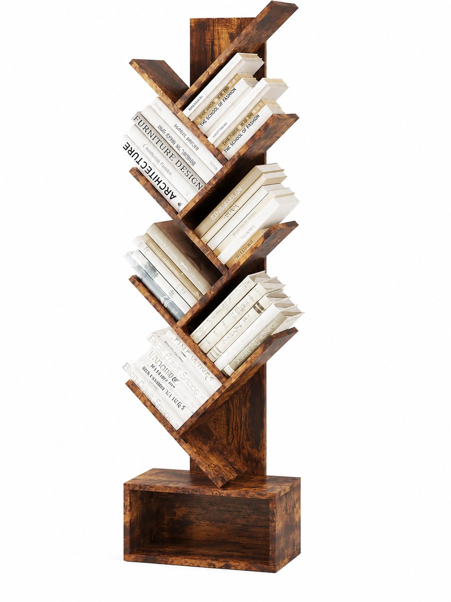 Bresht Boekenkast - met 8 Niveaus - Ruimtebesparend - Boomvormig zigzagdesign - Bruin - Tiger Wood - 37,1 × 20,1 × 120,4 cm