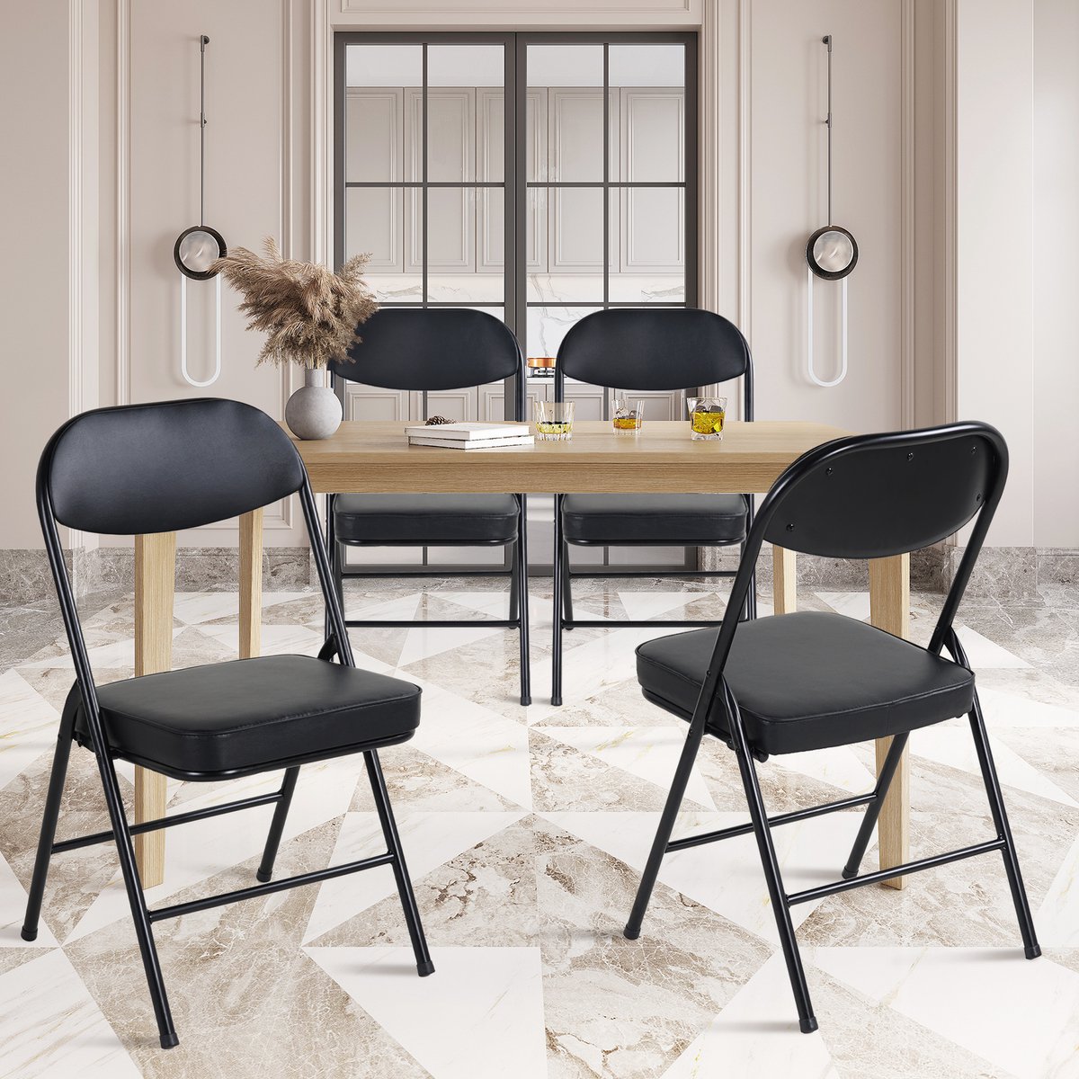 Clruro Klapstoelen - 4 Stuks - Gewatteerd en Zonder Montage - PU-Leer en Staal - Zwart