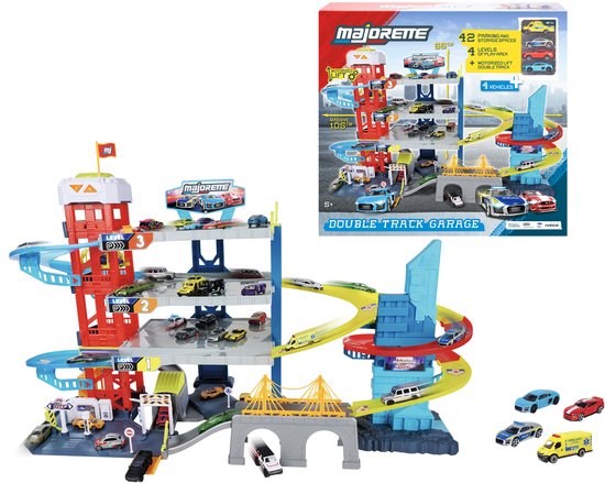 Speelgoedgarage Majorette met 4 auto's, 4 niveaus en dubbele baan. Afmetingen 105 cm x 66 cm x 60 cm.