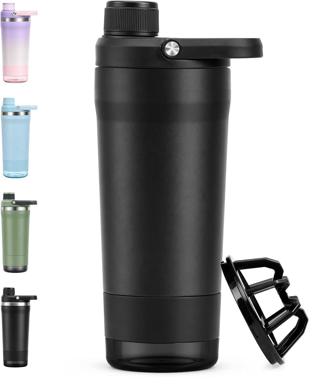 Roestvrijstalen proteïne-mixbeker 700 ml met stofvak en dubbelwandige isolatie voor klontvrije shakes, ideaal voor de sportschool, BPA-vrij en lekvrij