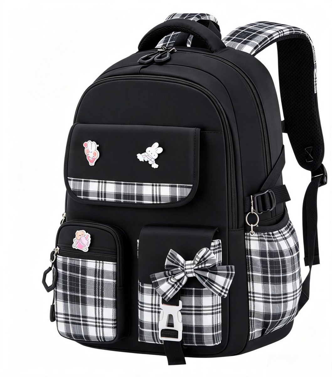 Casalora Rugzak - Geruit Schooltas voor Meisje - L (Groep 3–9） - Hoogte 46cm - Voor kinderen van 135 tot 165 cm - Zwart