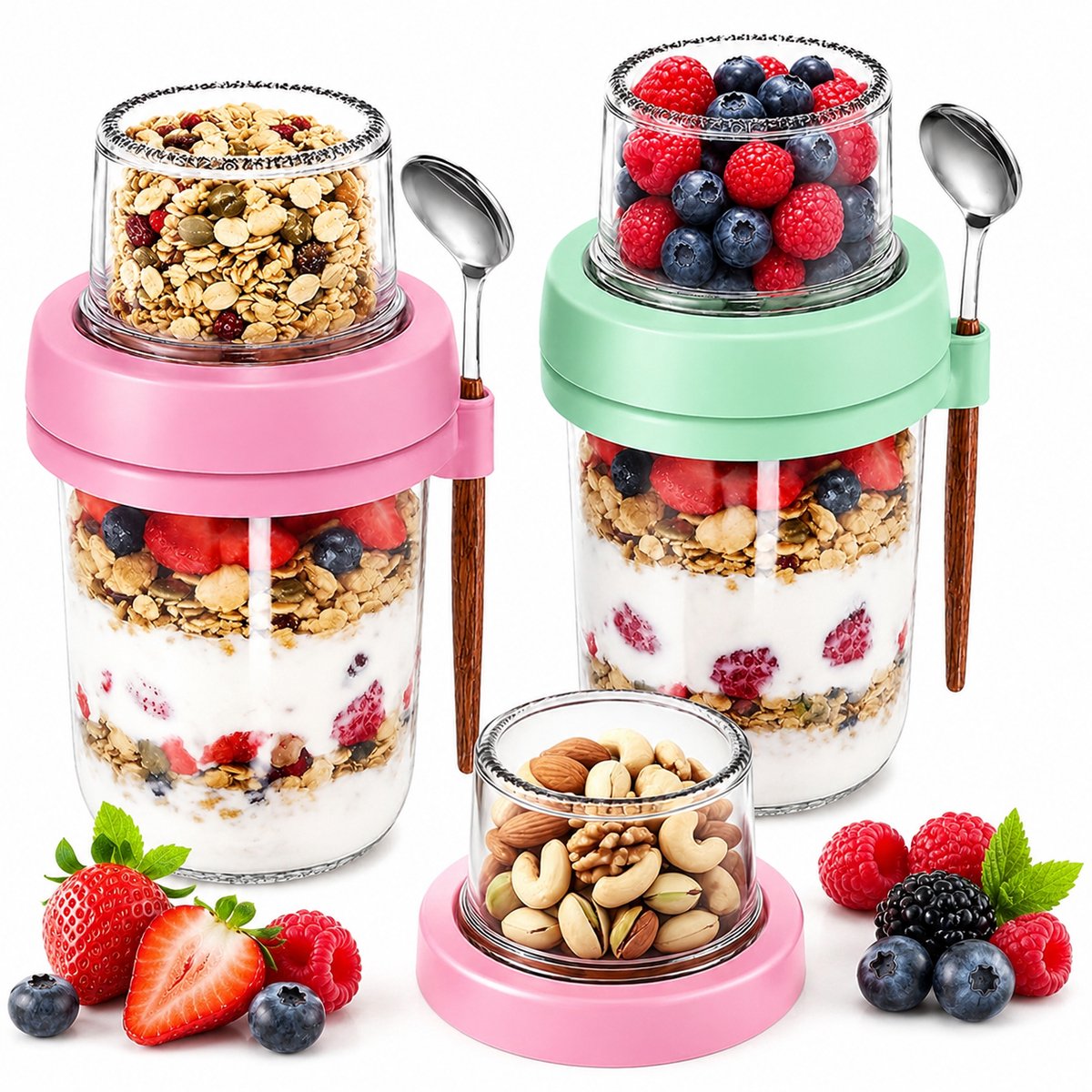Bobypet - Mueslibekers - Dubbellaagse ontbijtbekers - Set van 2 - Draagbaar en handig om mee te nemen - Voor havermout, yoghurt, muesli, ontbijt en snacks onderweg - 9*9*16cm - Roze, groen