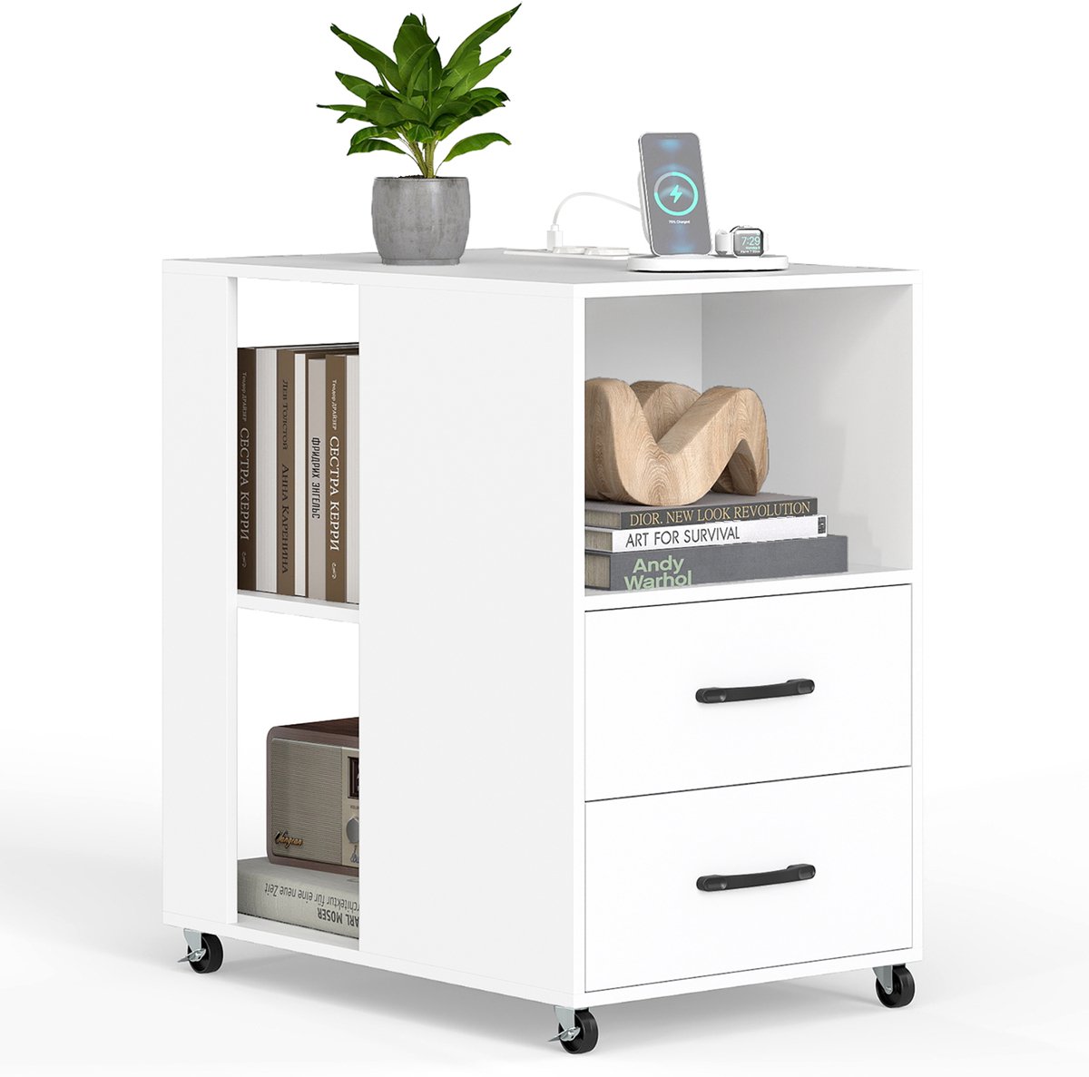 COSTWAY Bijzettafel met wieltjes, nachtkastje met stopcontacten & 2 laden & open planken, nachtkastje voor slaapkamer, woonkamer, kantoor, 60 x 40 x 65,5 cm (wit)