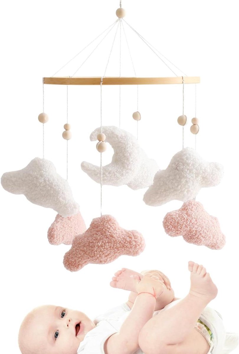 Babyspeelgoed Wieg - Hangend Speelgoed Baby - Zintuiglijke Ontwikkeling - Zacht Fleece Materiaal - 42x23 cm - Wolkenvormig