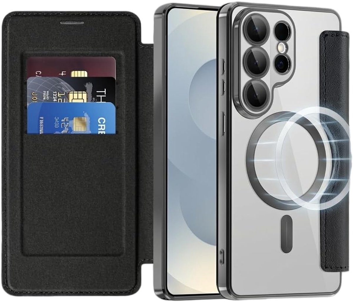 Magnetische folio hoes voor Galaxy S26 Ultra, schokbestendig, valbestendig, met kaarthouders en militaire testkwaliteit, transparant/zwart
