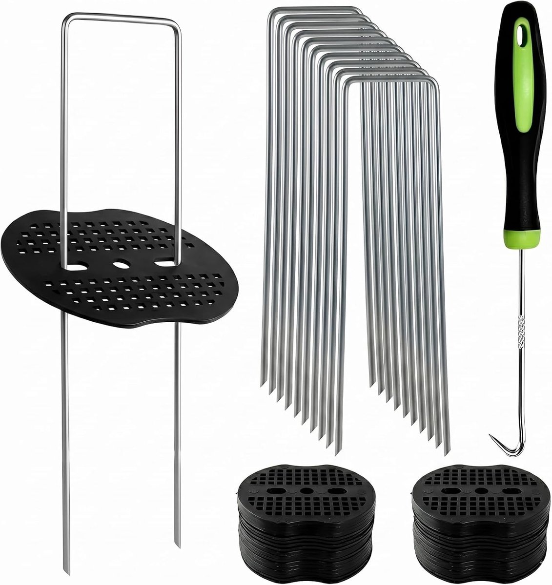 100 U-vormige grondankers met 100 bufferdiscs, worteldoek en haken voor tuin, gazon en moestuin