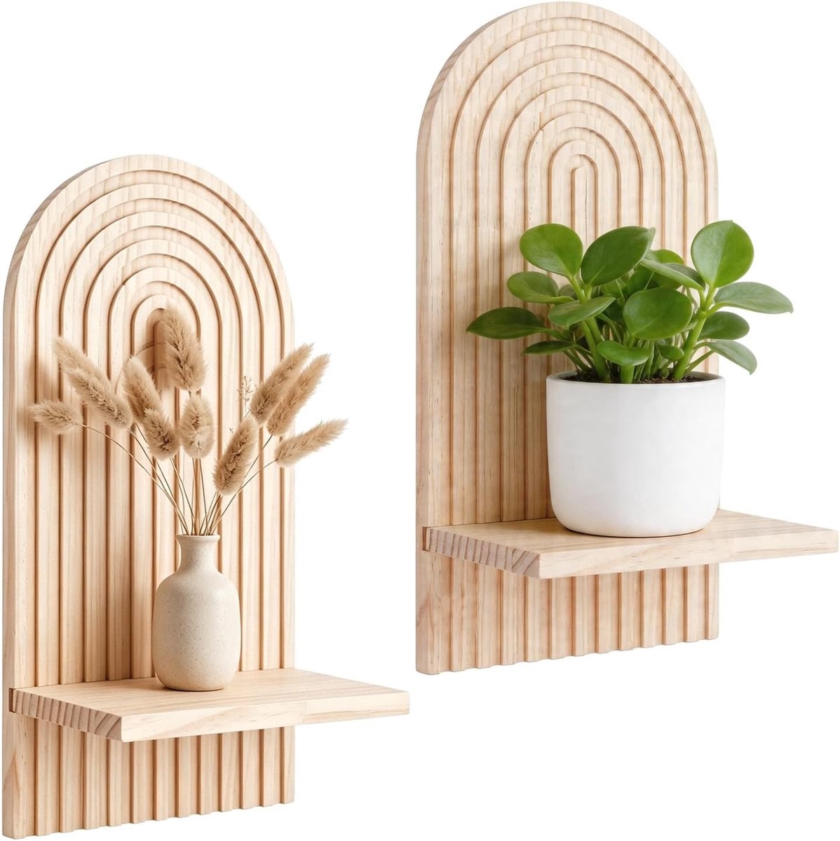 Boho Wandplank Set van 2, Houten Plank voor Planten, Wanddecoratie voor Kinderkamer, Woonkamer en Slaapkamer, Regenboogthema