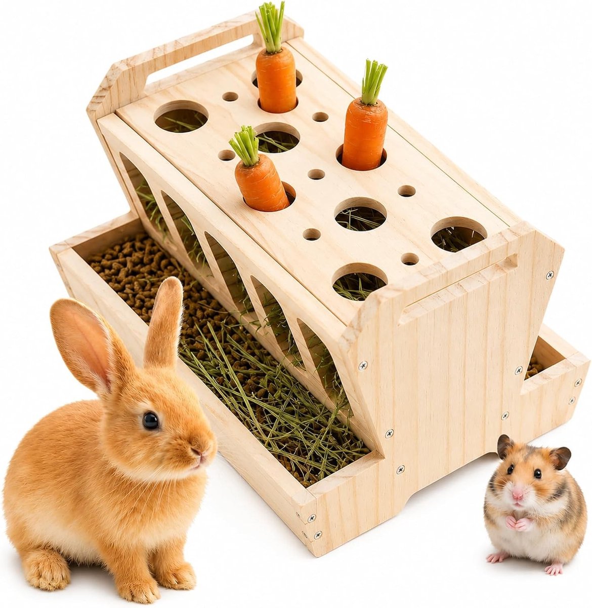 Houten Hooi Dispenser voor Konijnen en Kleine Dieren, Vrijstaande Voederstation met Grote Capaciteit, 30 x 22 x 18 cm, Ideaal voor Cavia's en Chinchilla's