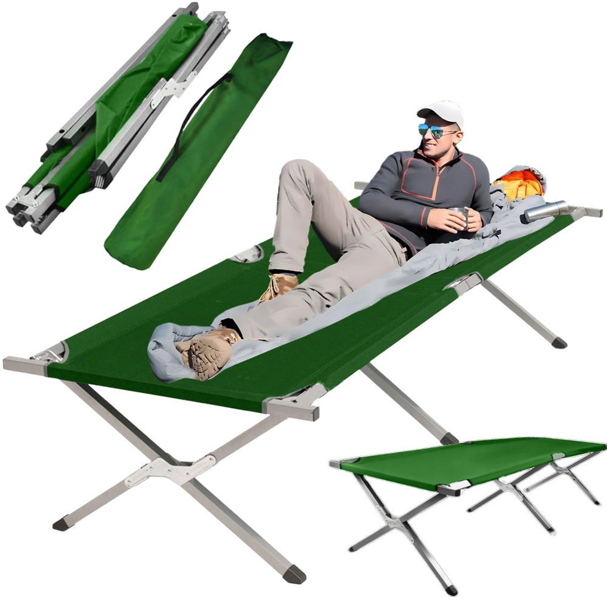 MOZY® - Kampeerbed - tot 110 kg - Groen - 187 x 70 cm - met Hoes - Slim Vouwmechanisme - Campingbed - Veldbed - Ligbed - Stretcher - Vouwbed - Reisbed