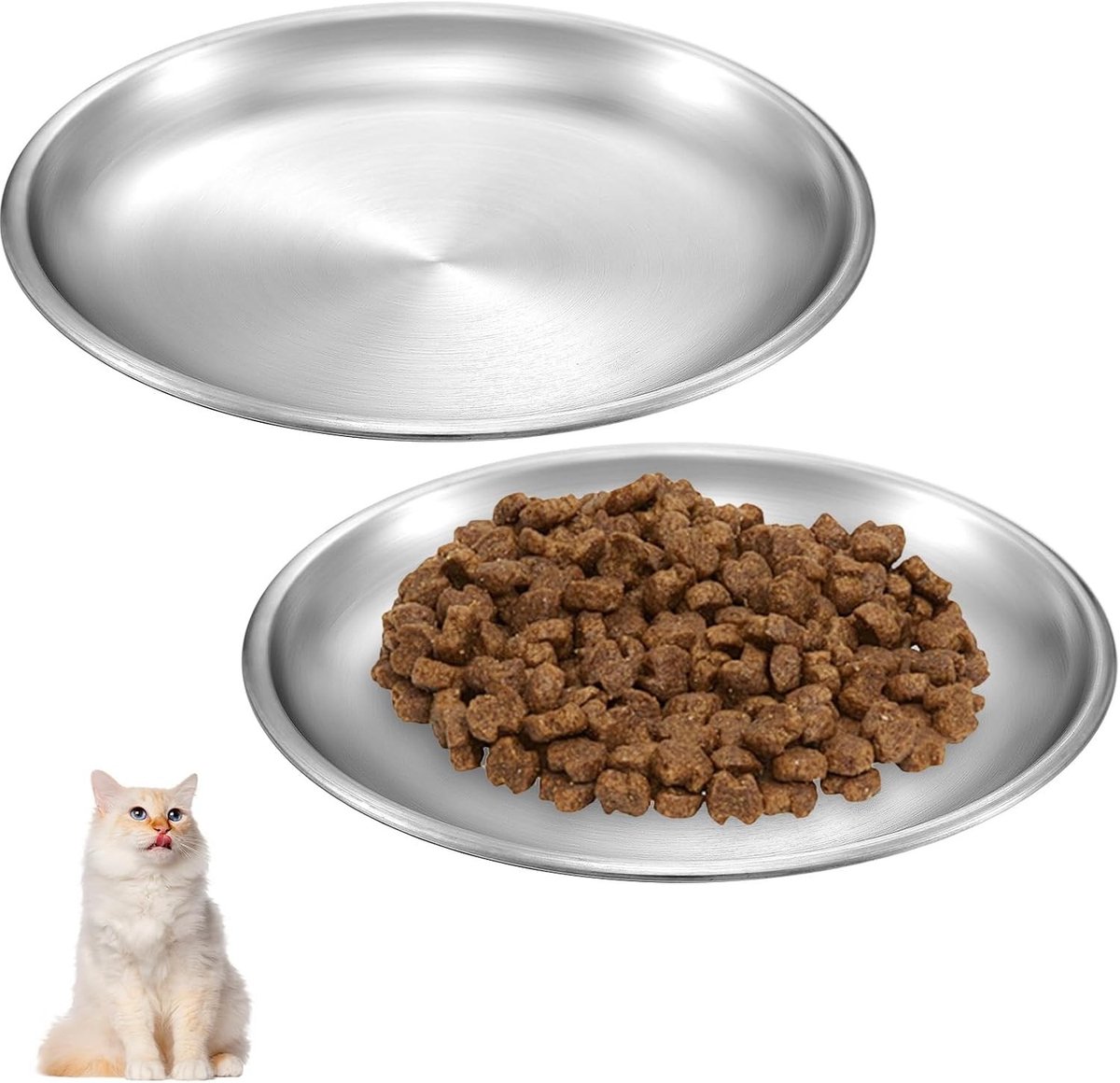 Set van 2 platte kattenvoerbakken van roestvrij staal - 14 cm, anti-slip, geschikt voor droog en nat voedsel, ideaal voor binnen en buiten gebruik