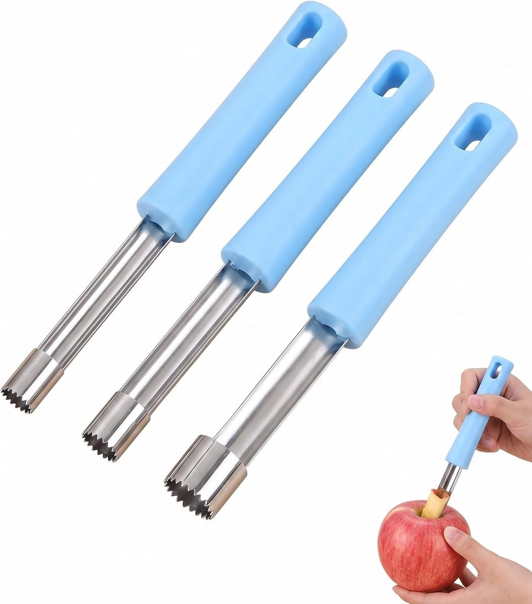 Set van 3 roestvrijstalen fruitontpitters in verschillende maten, ideaal voor het snijden van fruit voor taarten en snacks, eenvoudig op te hangen
