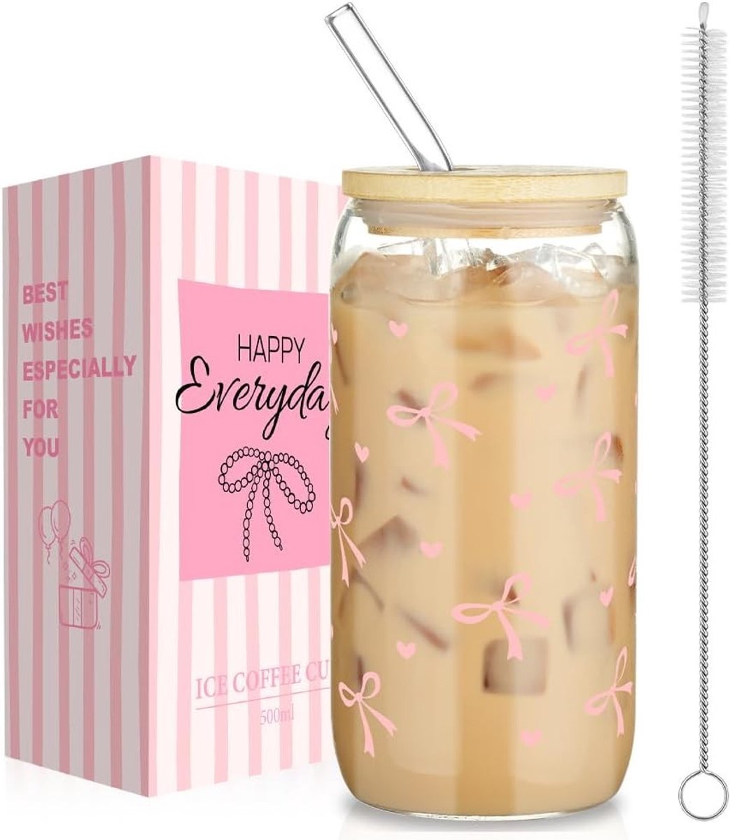 Ijskoffie glazen - Lint - 500 ml - Borosilicaatglas met Bamboe Deksel en Glazen Rietje - Voor Dagelijks Gebruik