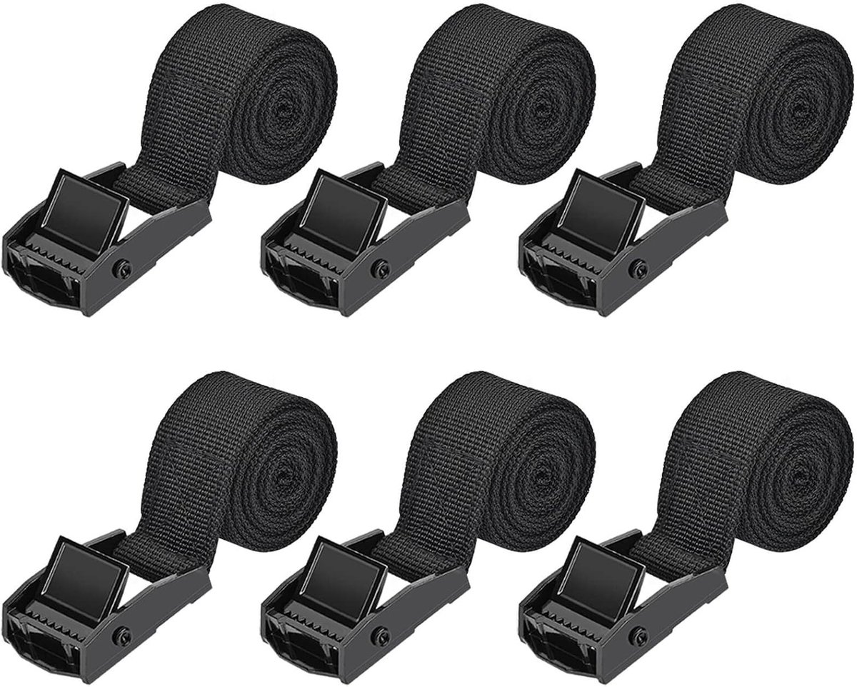 Snelbinders fiets - Zwart - 6 stuks 1 m x 2,5 cm - Polyester Spanbanden met Ratel en Kliksluiting - Voor Vervoer en Bevestiging