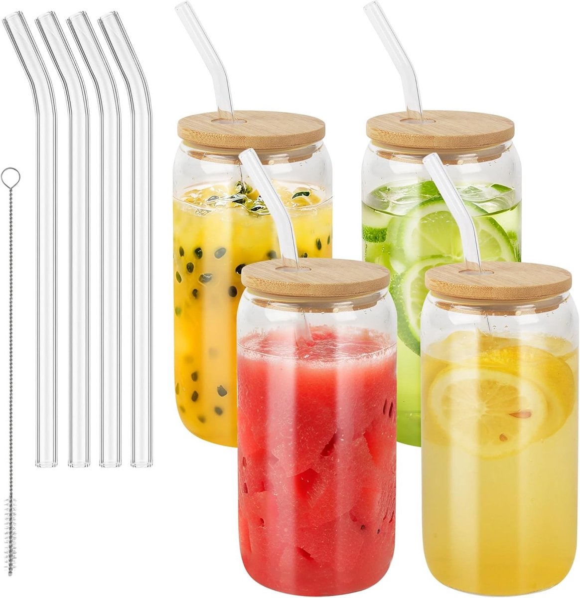 Ijskoffie glazen - Transparant - 500 ml - Borosilicaatglas met Bamboedeksel en Glazen Rietje - Set van 4