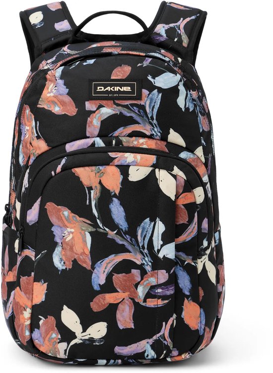 Zwarte Dakine rugzak met grote, kleurrijke bloemenprint in paars, oranje en blauwtinten.