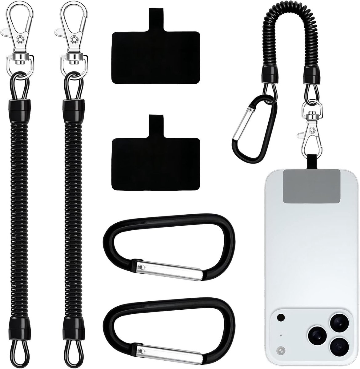 Flexibele Coiled Kabel Telefoonbanden - 2 Stuks Zwarte Anti-Diefstal Smartphone Straps met Carabiner voor Meerdere Mobiele Telefoons
