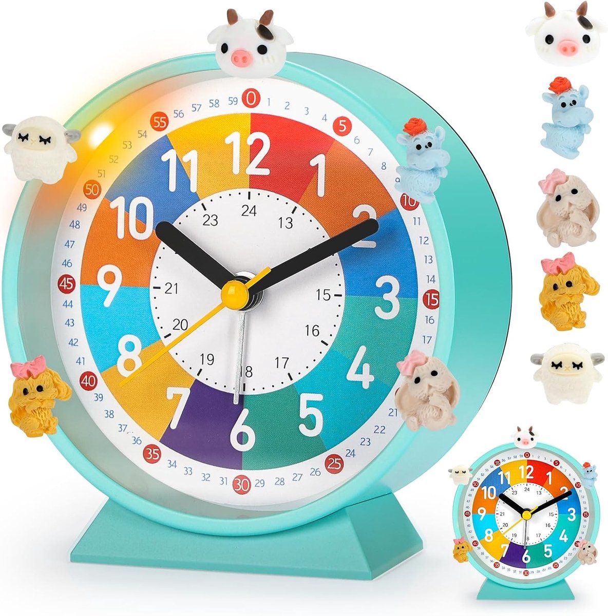 SnelShoppen - Kinderwekker, Kleurige Alarmklok voor Kinderen, Stil, Nachtlampje, Slaapfunctie, 5 Decoraties, Leerzaam, Geschikt voor School en Thuis