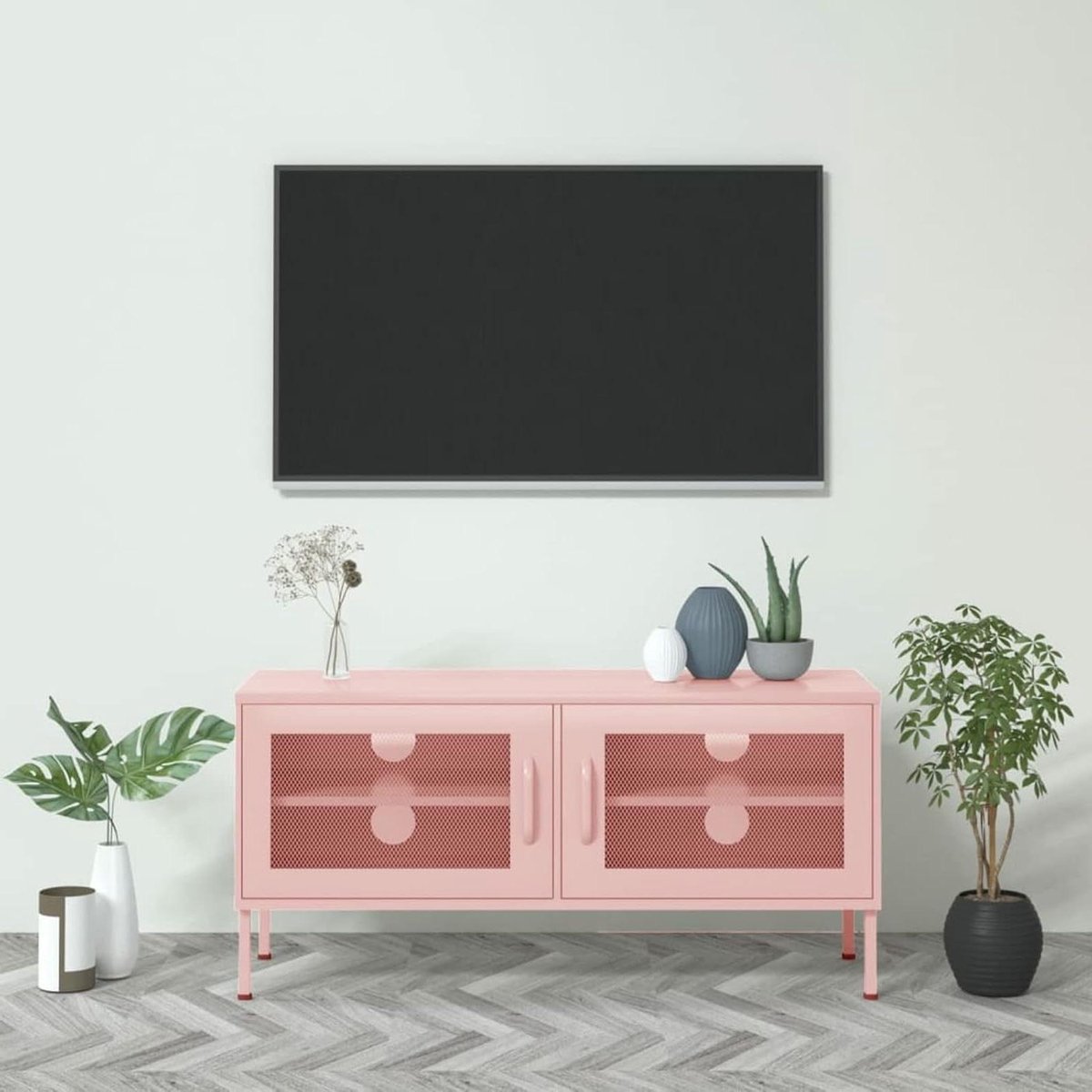 Tv-meubel - Mediabuffet Lage Kast - Woonkamer Organisatie - Stalen Frame - 105 x 35 x 50 cm - Roze