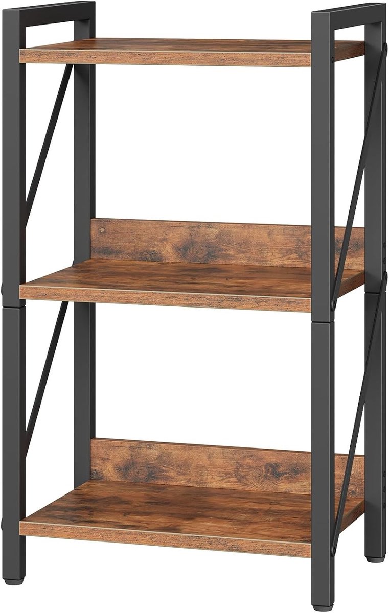 Drie-laags boekenplank van metaal, industriële ladderplank, opbergrek voor woonkamer, slaapkamer en kantoor in rustiek bruin en zwart