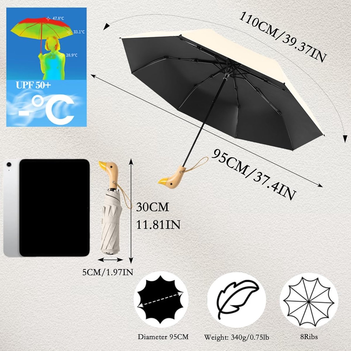 Strandparasol met draagtas - Hout - 95 cm - Opvouwbaar met 8 Baleinen en UV-bescherming - Compact en Lichtgewicht