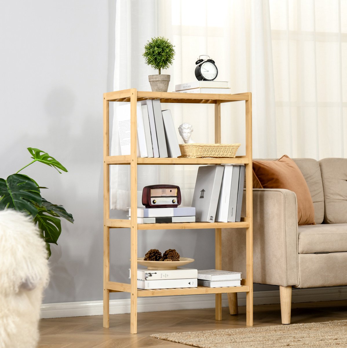 COVREO Boekenkast 62 x 33 x 112 cm naturel bamboe, 4 lagen open kast