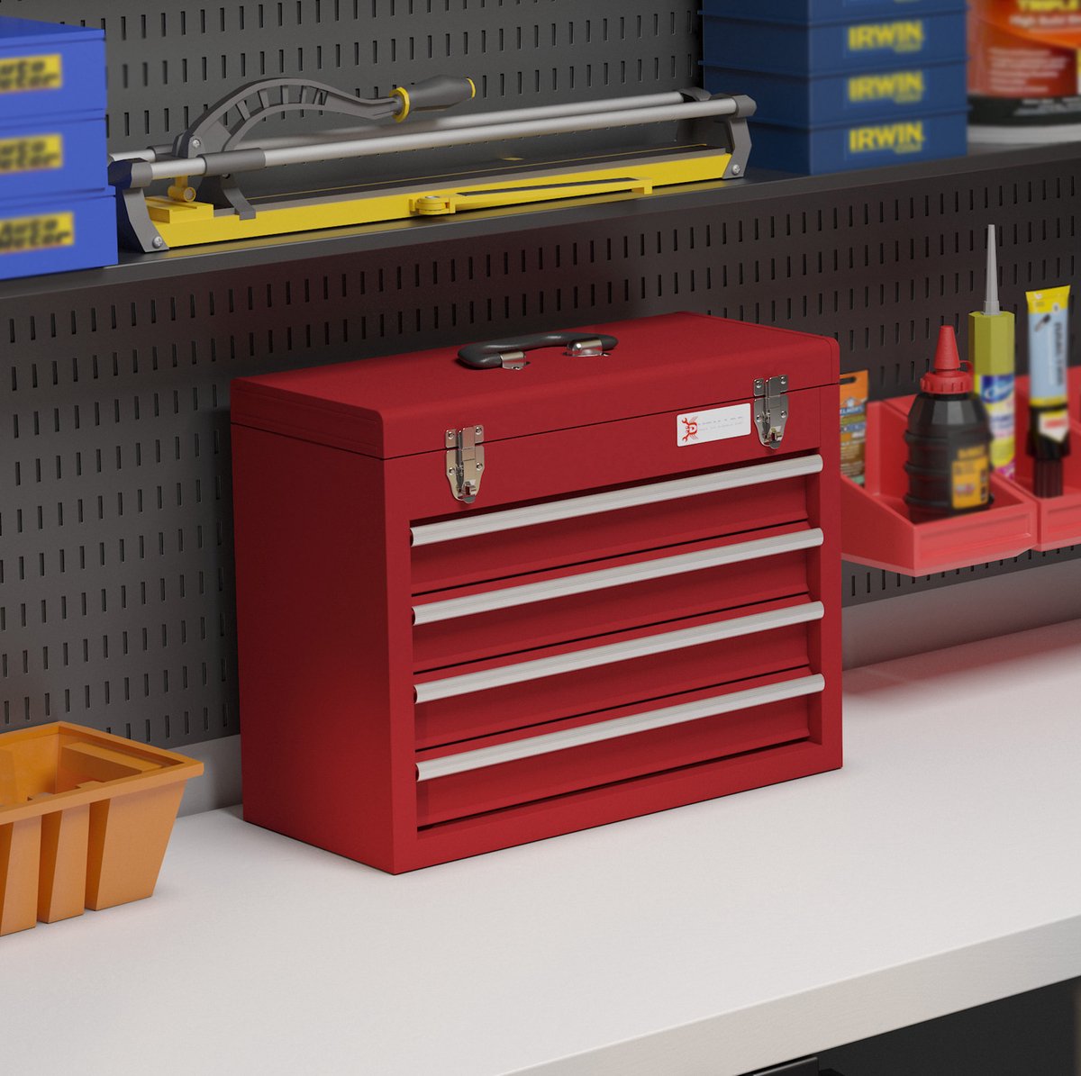 COVREO Gereedschapskoffer 51x22x39,5 cm rood staal, 4 lades met slot