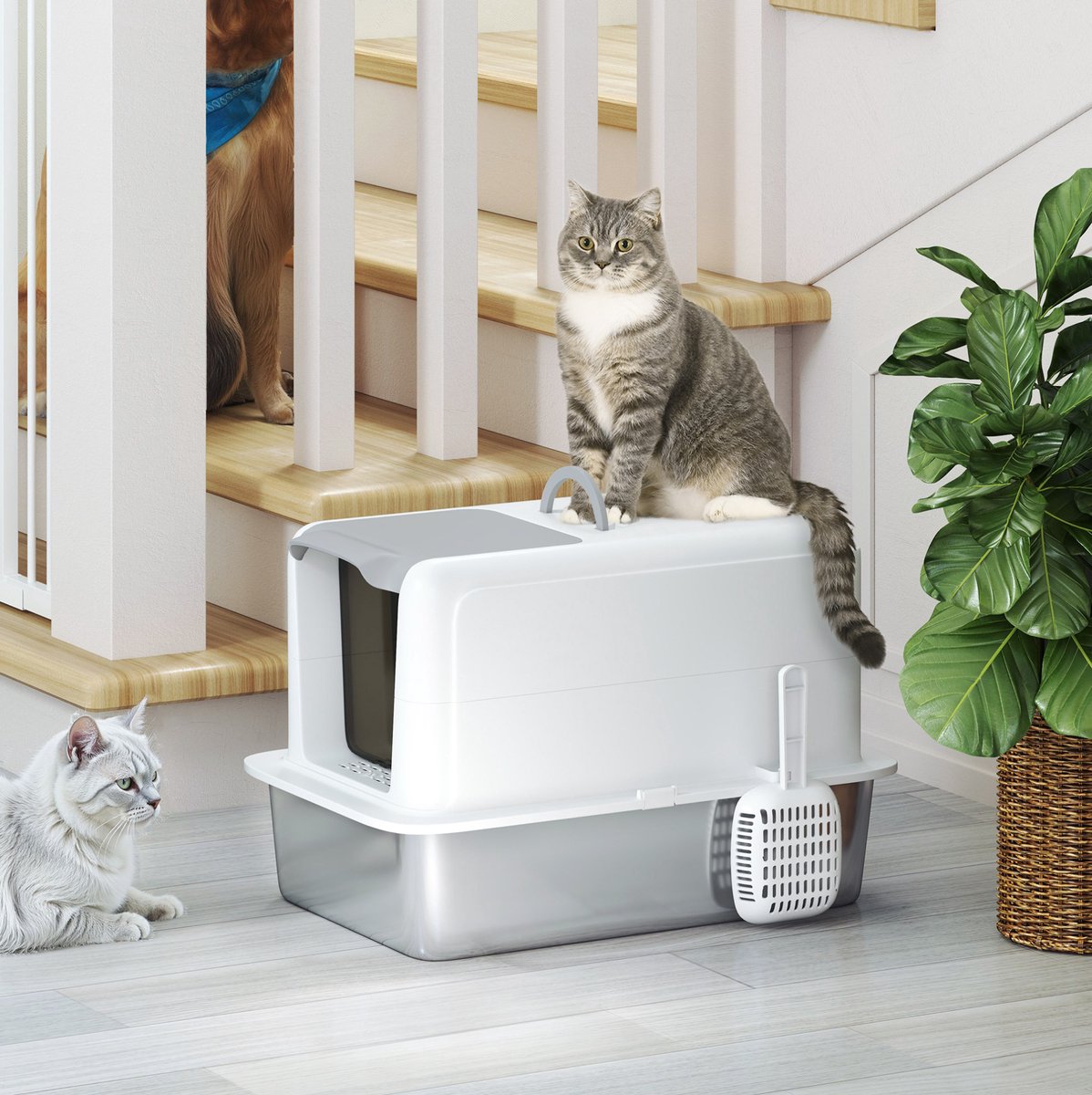 COVREO Kattenbak met deksel 40,5 x 60,5 x 41,5 cm wit RVS, met streufilter