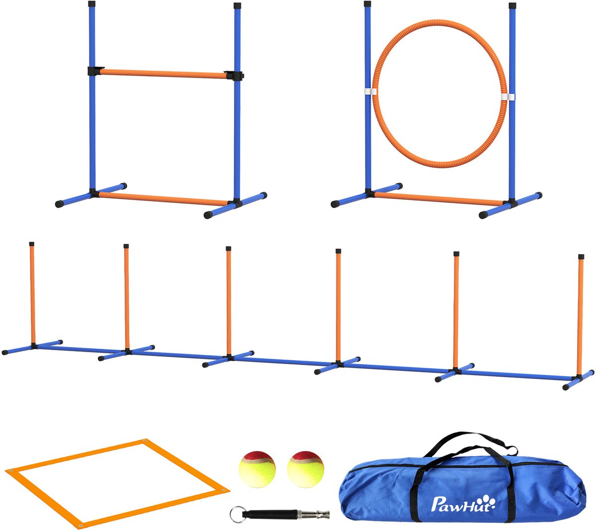 4-delige hondensportset met slalomparcours, springring, hindernissen, trainingsset en draagtas