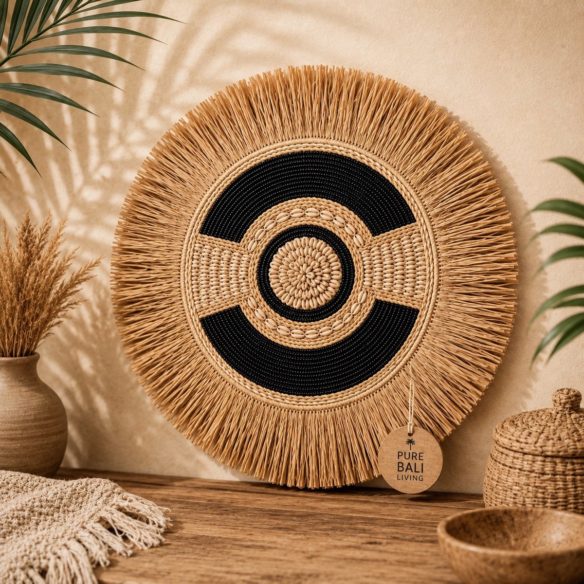 Wanddecoratie – Wandbord Zwart & Naturel – Boho Muurdecoratie – Handgemaakt in Bali – Ø50 cm – Pure Bali Living