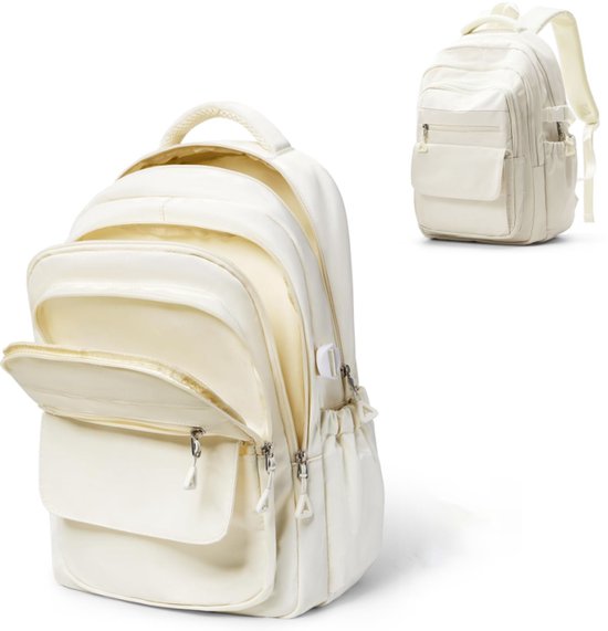 Un sac à dos beige clair ouvert avec plusieurs compartiments, avec un deuxième sac à dos en arrière-plan.