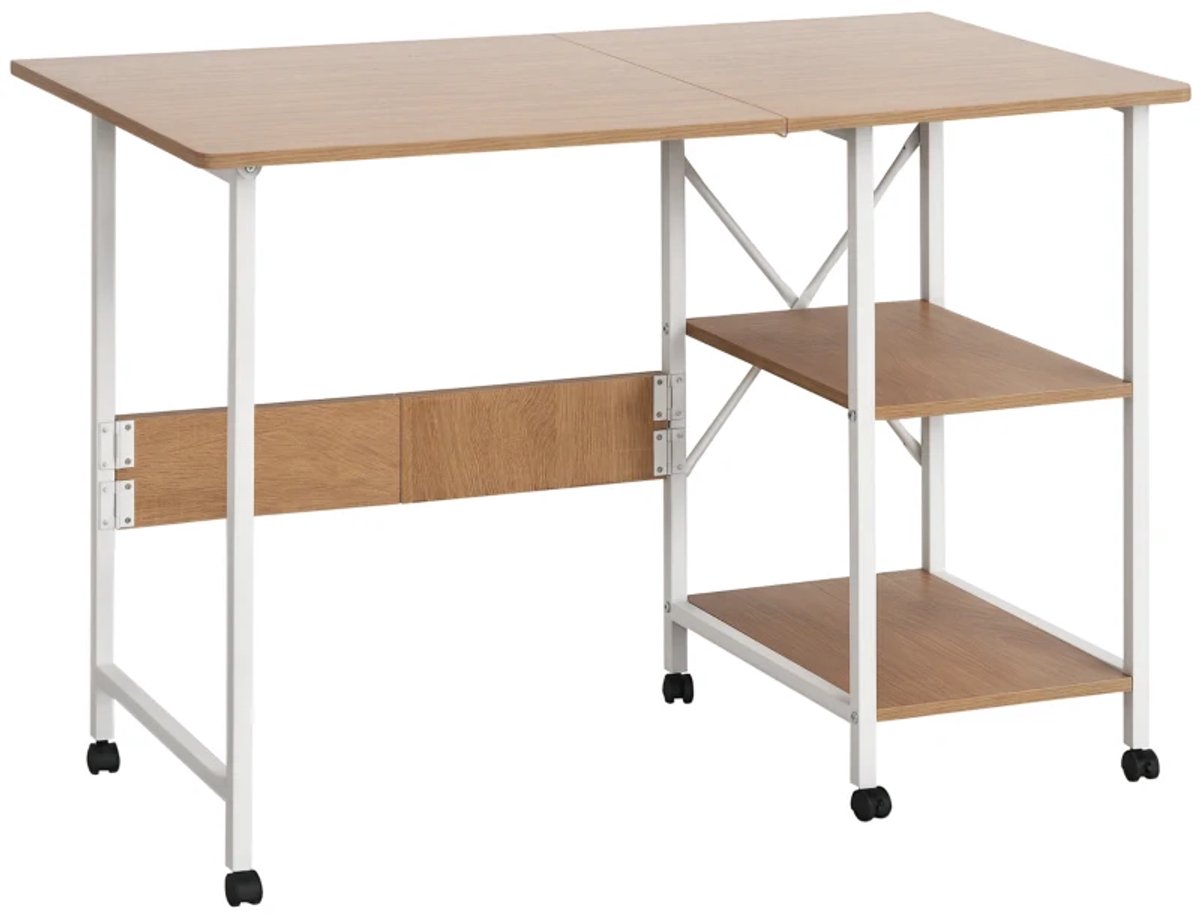 Opklapbare Bureau met 2-laags Plank - Bijzettafel - Kantoortafel - Verrijdbare Computerbureau - Werktafel - Computer Tafel - Bureautafel - Desk - Game Bureau - 107 x 55 x 76 cm - Naturel