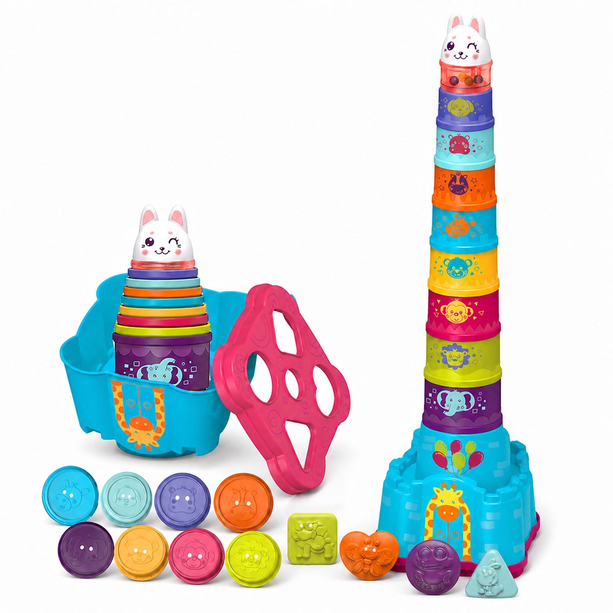 ECTEATOY® Stapeltoren baby - 14-Delige Stapelspeelgoed - Stapelbekers met Dieren en Vormenstoof - Montessori Speelgoed - Baby speelgoed - Kleurrijke