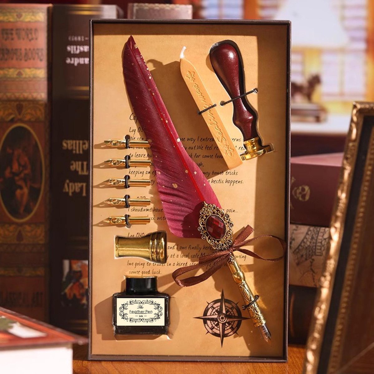 Casalora® Magische Edelsteen Verenpen Set – 10 Delige Vintage Vulpen Cadeauset met Veerpen, Penhouder, 5 Verwisselbare Pennenpunten, Lakzegel & Zwarte Inkt – Luxe Schrijfset voor Creatief Schrijven, Decoratie en Cadeau