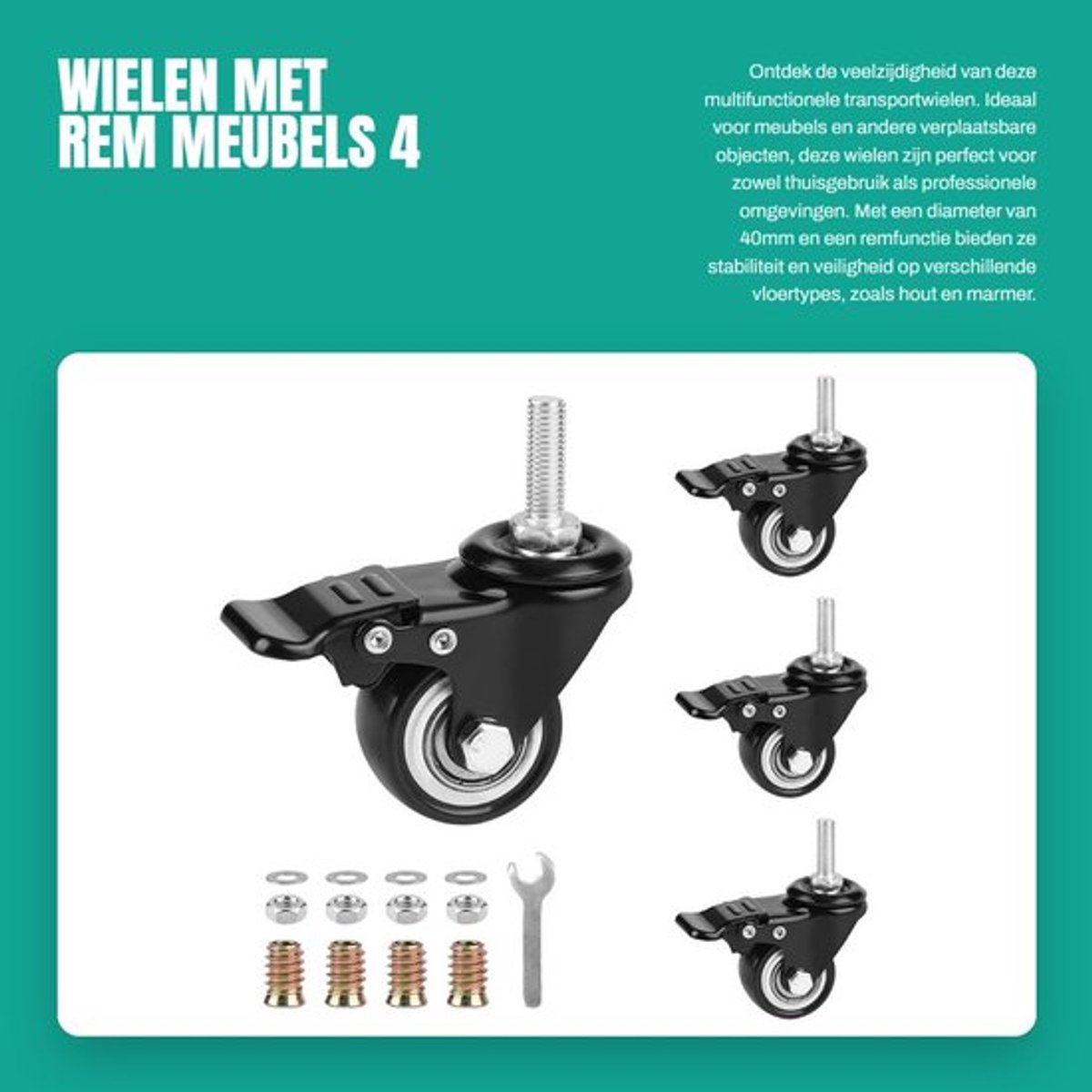 Meubelwielen met Rem - 40mm Zwenkwielen - Transportroller - Meubelwieltjes - M8 Draad - Belastbaarheid 50kg per Wiel - Transportwielen
