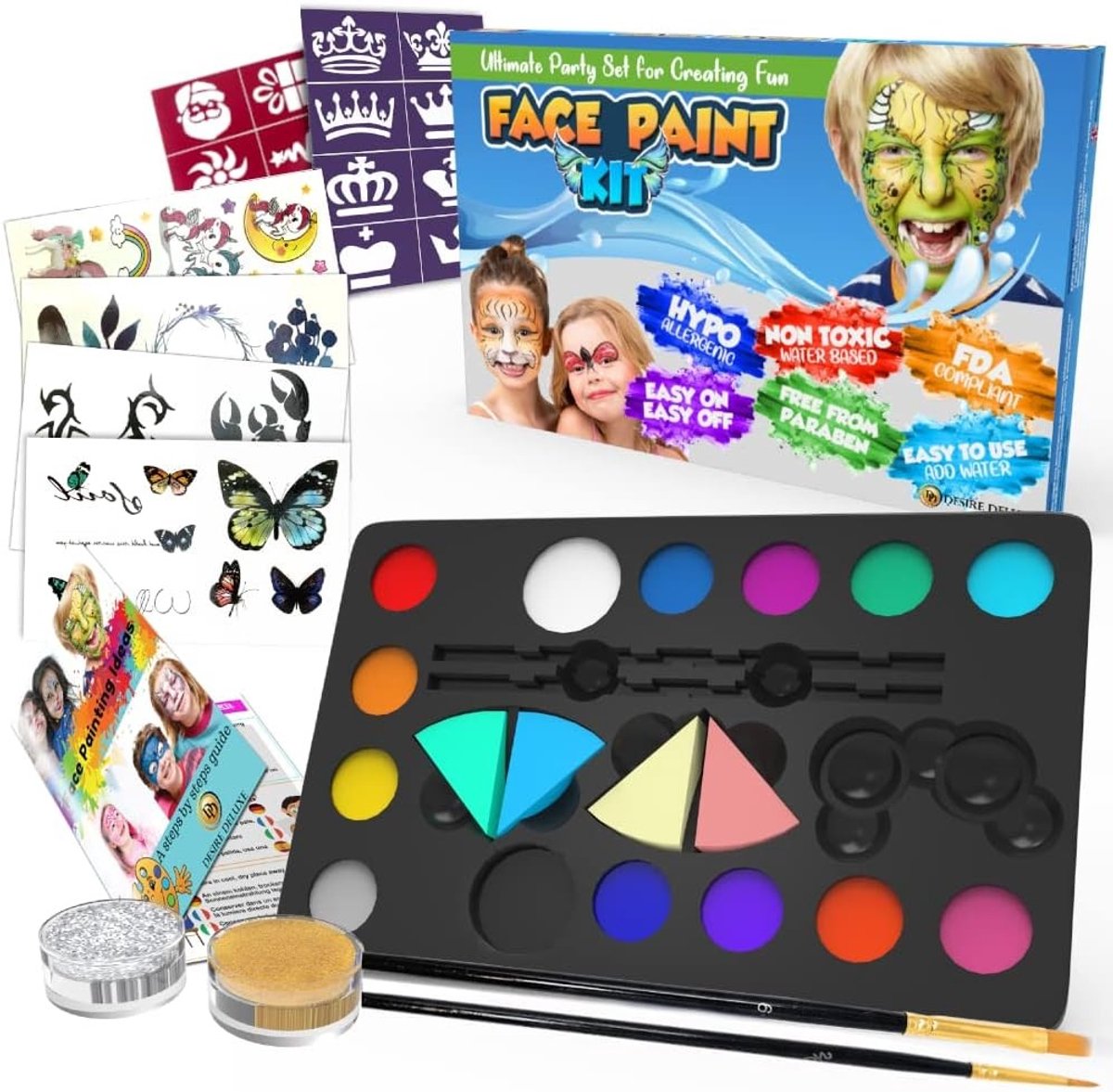 Make-upkoffer voor meisjes - Meerkleurig - 3-15 jaar - Waterbasis Schminkset met Glitter en Tattoosjablonen - Voor Kinderen