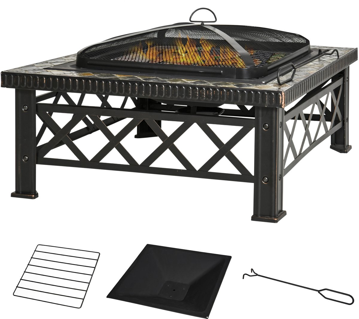 3 - in - 1 vuurschaal/vuurkorf met vonkenvanger - grillrooster en ijsemmer - Tuinbarbecue - Zwart - 76 cm x 76 cm x 47 cm
