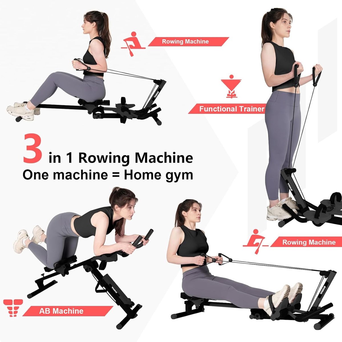 3-in-1 Roeitrainer - Zwart - Multifunctionele Roeimachine met Buiktrainer - Voor Thuisgebruik