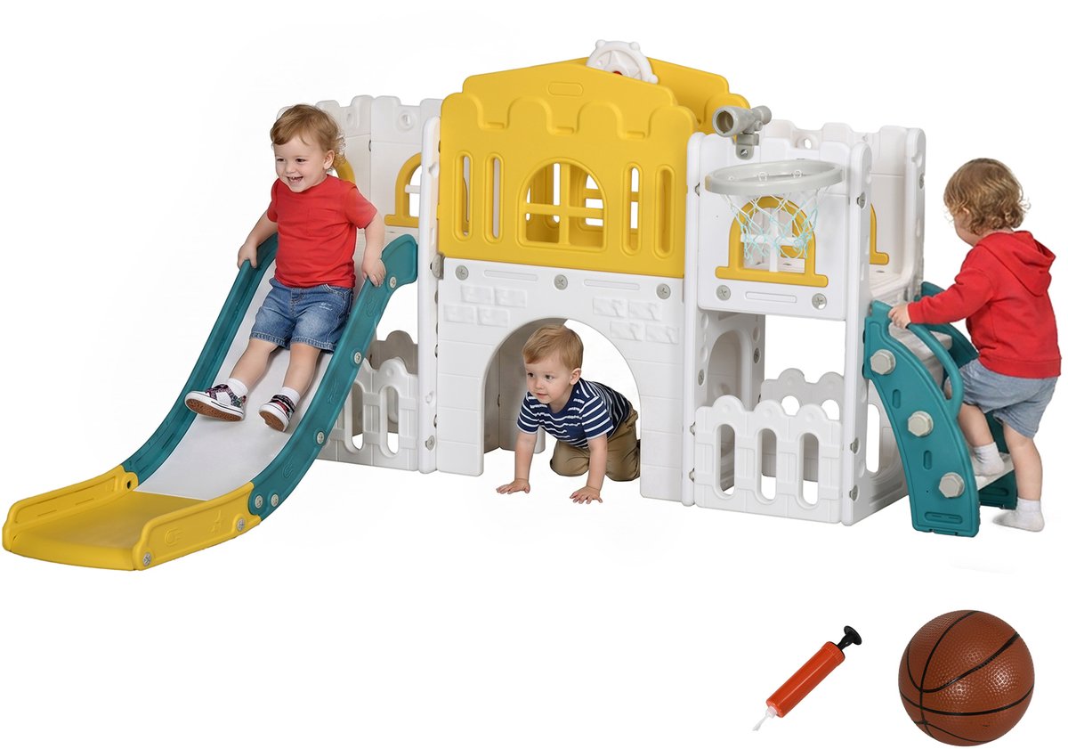 Kinderglijbaan - 7 - in - 1 speelstructuur met basketbal en stuurwiel - voor kinderen van 1 - 3 jaar - 178x177x99cm - geel/wit/groen