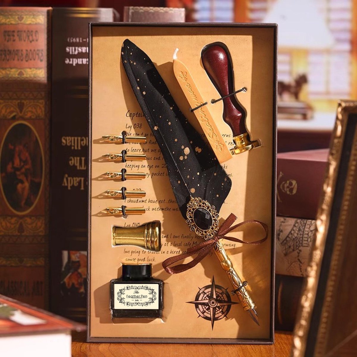 Casalora® Magische Edelsteen Verenpen Set – 10 Delige Vintage Vulpen Cadeauset met Veerpen, Penhouder, 5 Verwisselbare Pennenpunten, Lakzegel & Zwarte Inkt – Luxe Schrijfset voor Creatief Schrijven, Decoratie en Cadeau