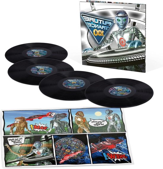 Een set met vier Future Trance 100 vinylplaten, een bijpassende hoes en een stripboek.