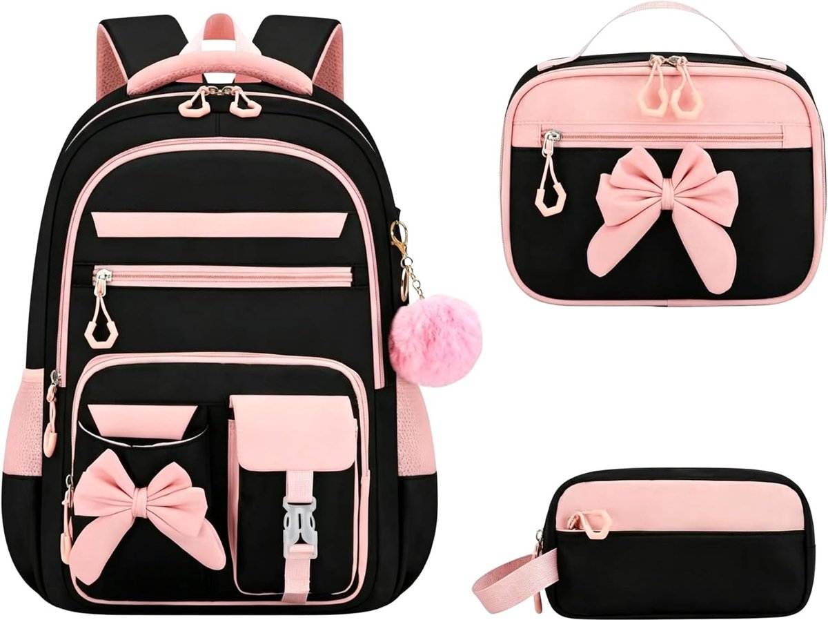 KZQ 27L Waterdichte Reflecterende Rugzak Set - Zwart en Roze - Een 3-delige set speciaal ontworpen voor meisjes en tieners.
