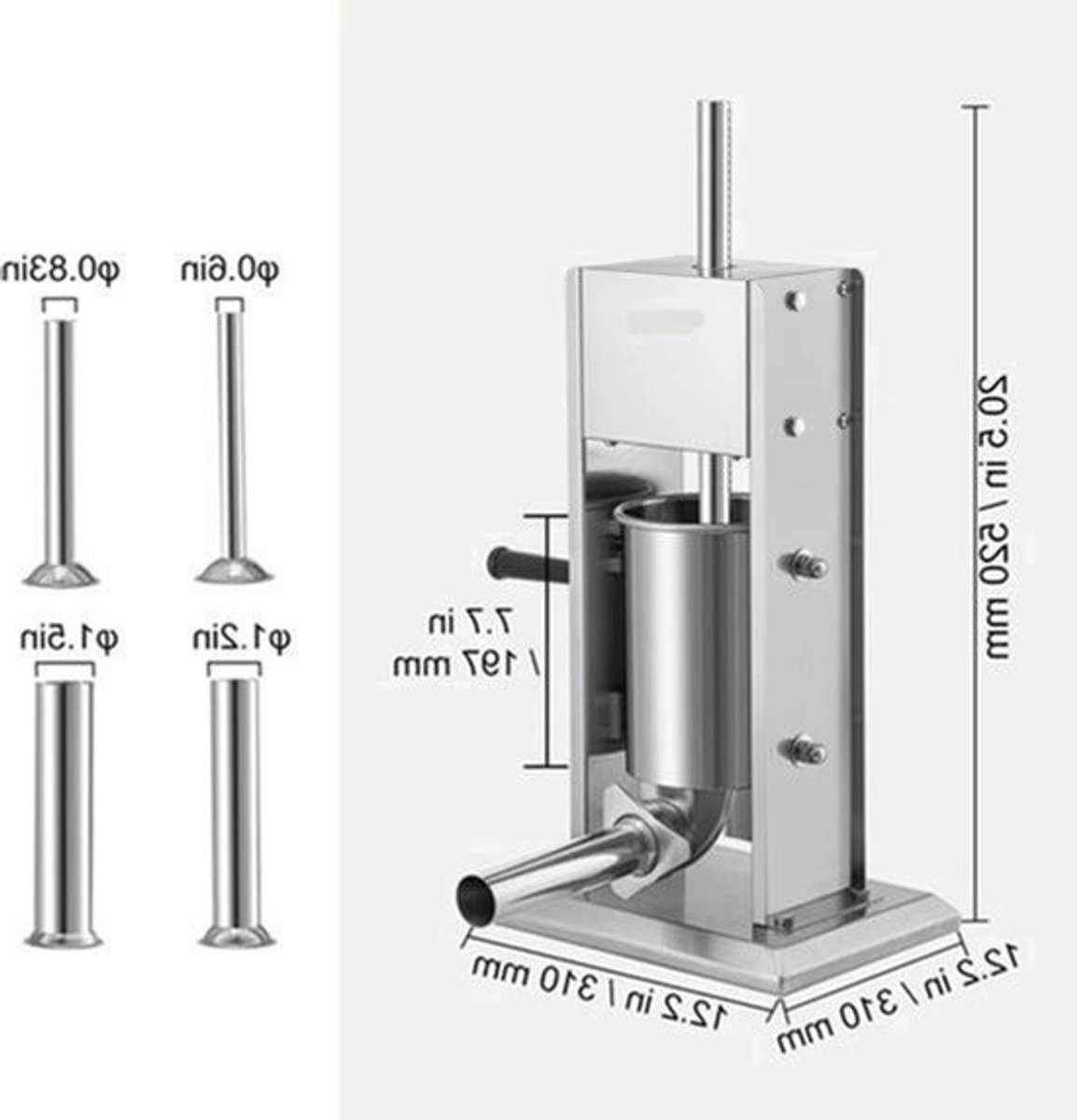 Worstenvuller – Worstenmaker - Worstmachine - Professionele 5L RVS Worstenvuller - Handmatige Verticale Worstmaker - Inclusief 5 Vulbuizen
