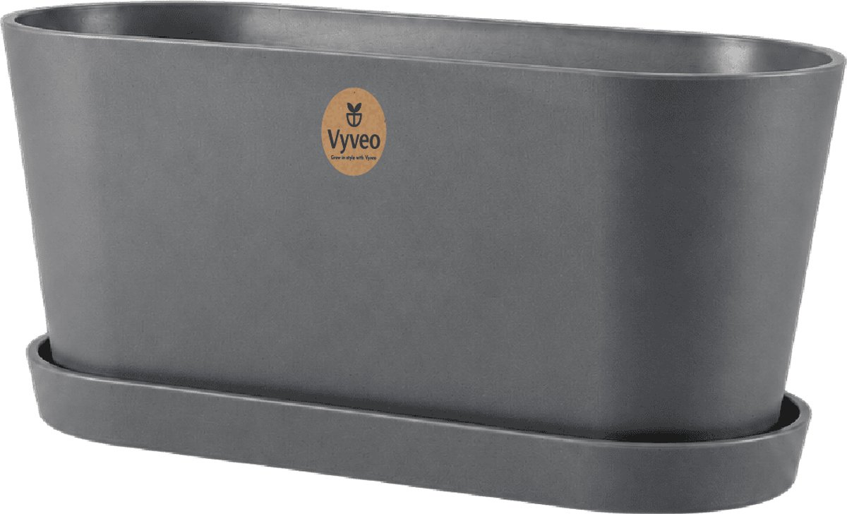 Vyveo - Bloempot Varda met onderzetter - 32x13x14 - Donkergrijs - Bloempot voor binnen en buiten - Lichtgewicht - Breukbestendig - Vorstbestendig - UV-bestendig